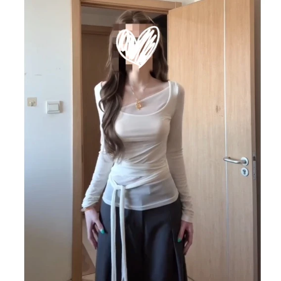 设计感纯欲不规则系带长袖T恤女早秋独特漂亮修身显瘦百搭小上衣