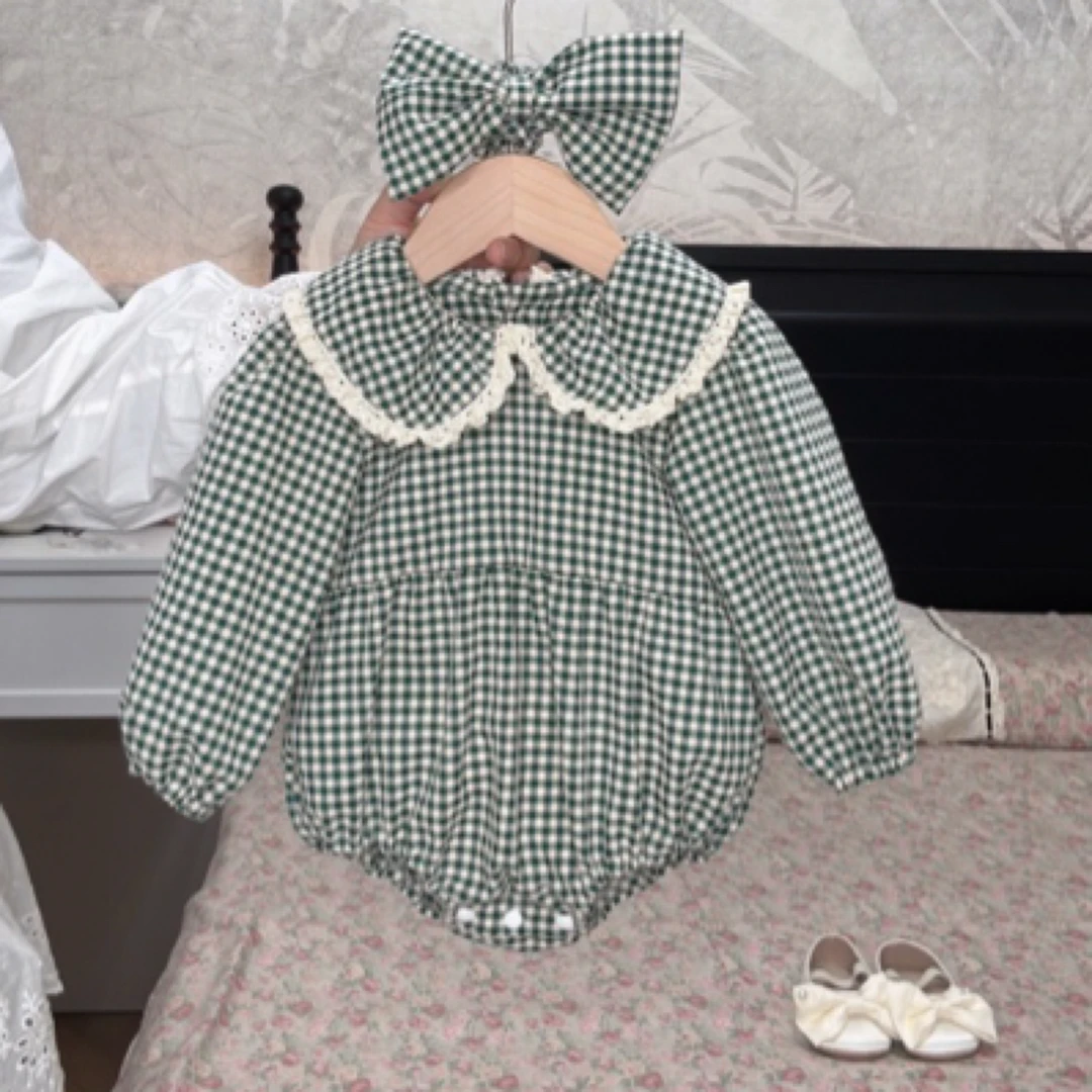 【绿格子】婴儿包屁衣春季娃娃领长袖格子哈衣女宝宝三角爬服连体衣