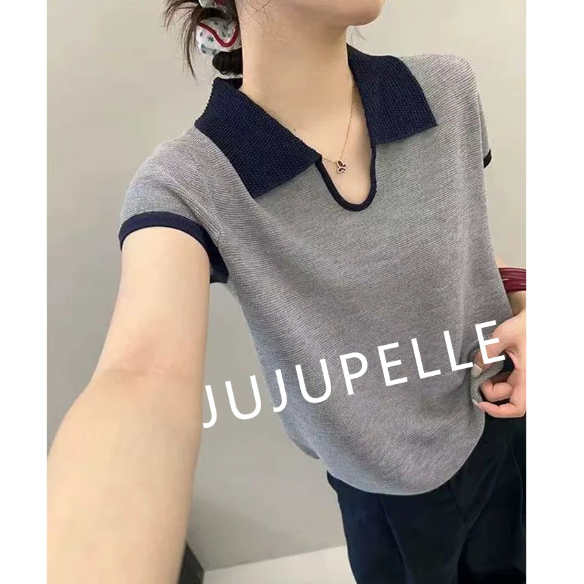 天丝亚麻~纯色复古小U领2025夏季新款百搭针织衫薄中袖女T恤翻领