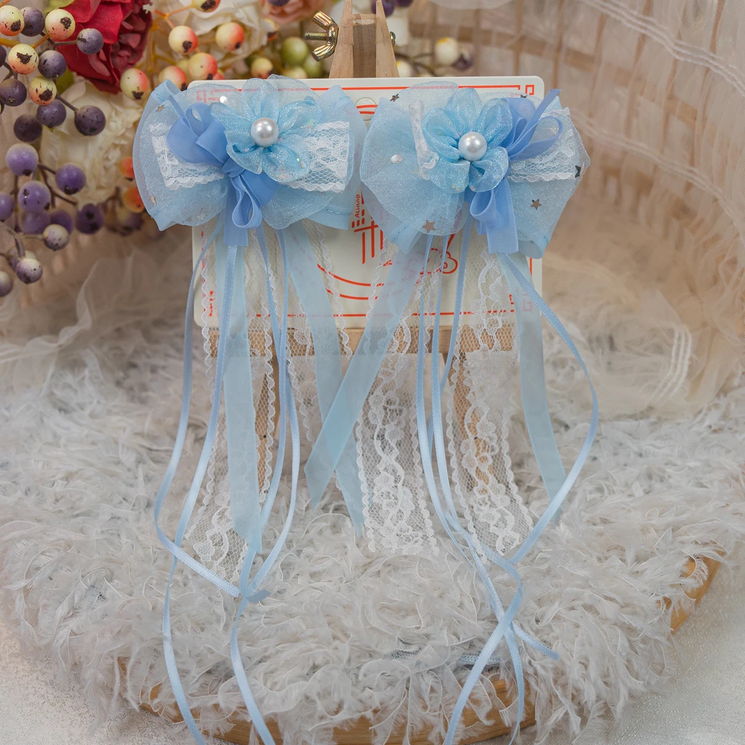 饰阿梁3143 蓝色蕾丝短飘压夹头饰儿童小女孩发夹发饰可爱甜美