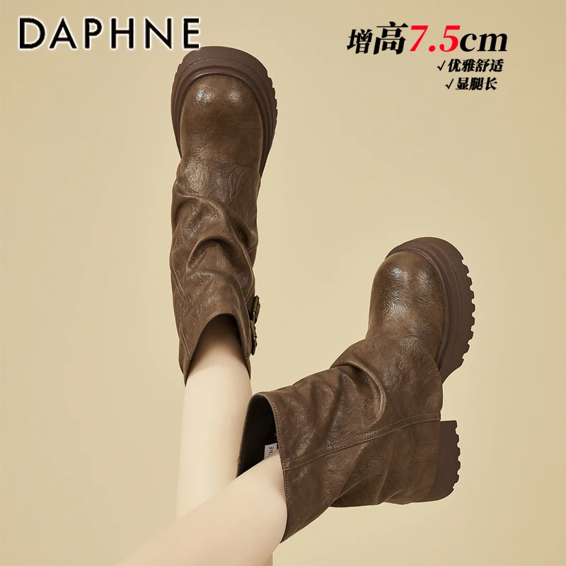 达芙妮厚底褶皱堆堆靴女2025秋季爆款棕色粗跟复古时尚百搭短靴女