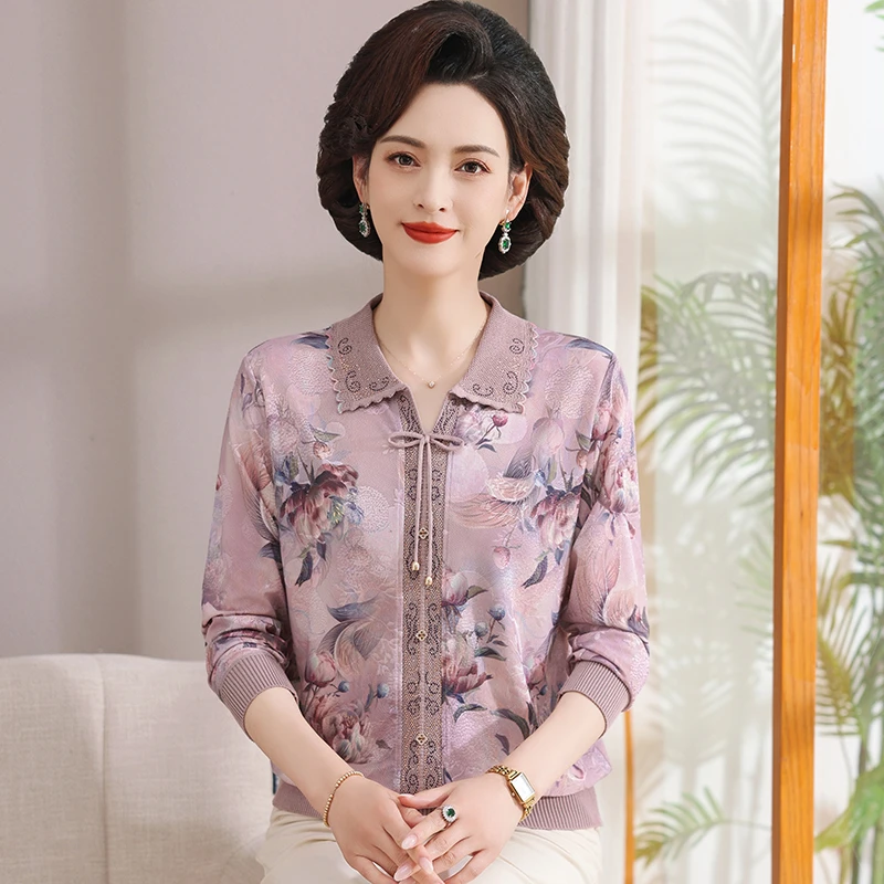 妈妈春装打底衫气质薄款中老年人T恤老奶奶太太春秋装长袖翻领女