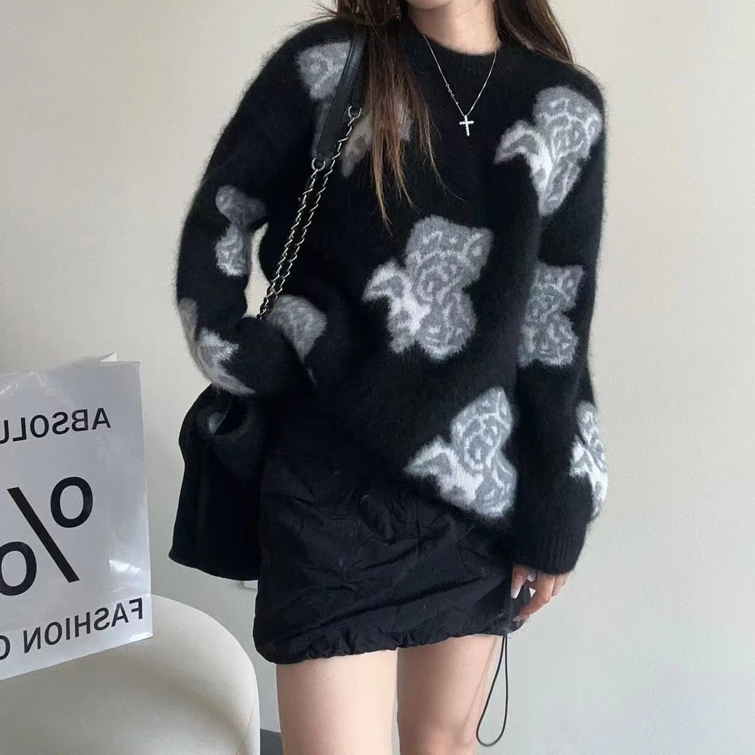 【100山羊绒】拉绒工艺231952-100羊绒慵懒风花朵印花小众针织套头