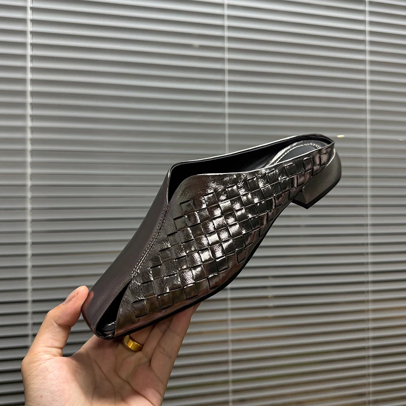 3cm/牛皮/真皮包头半拖鞋女夏季洋气镂空透气方头中跟编织皮拖鞋