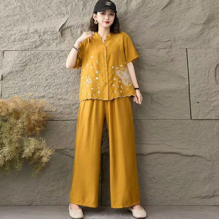 夏季新款套装时尚大码宽松短袖立领绣花上衣＋阔腿裤妈妈两件套
