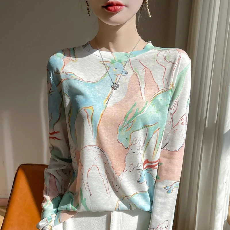 【水溶印花】2025新款水溶印花长袖针织衫女圆领薄上衣时尚洋气内搭