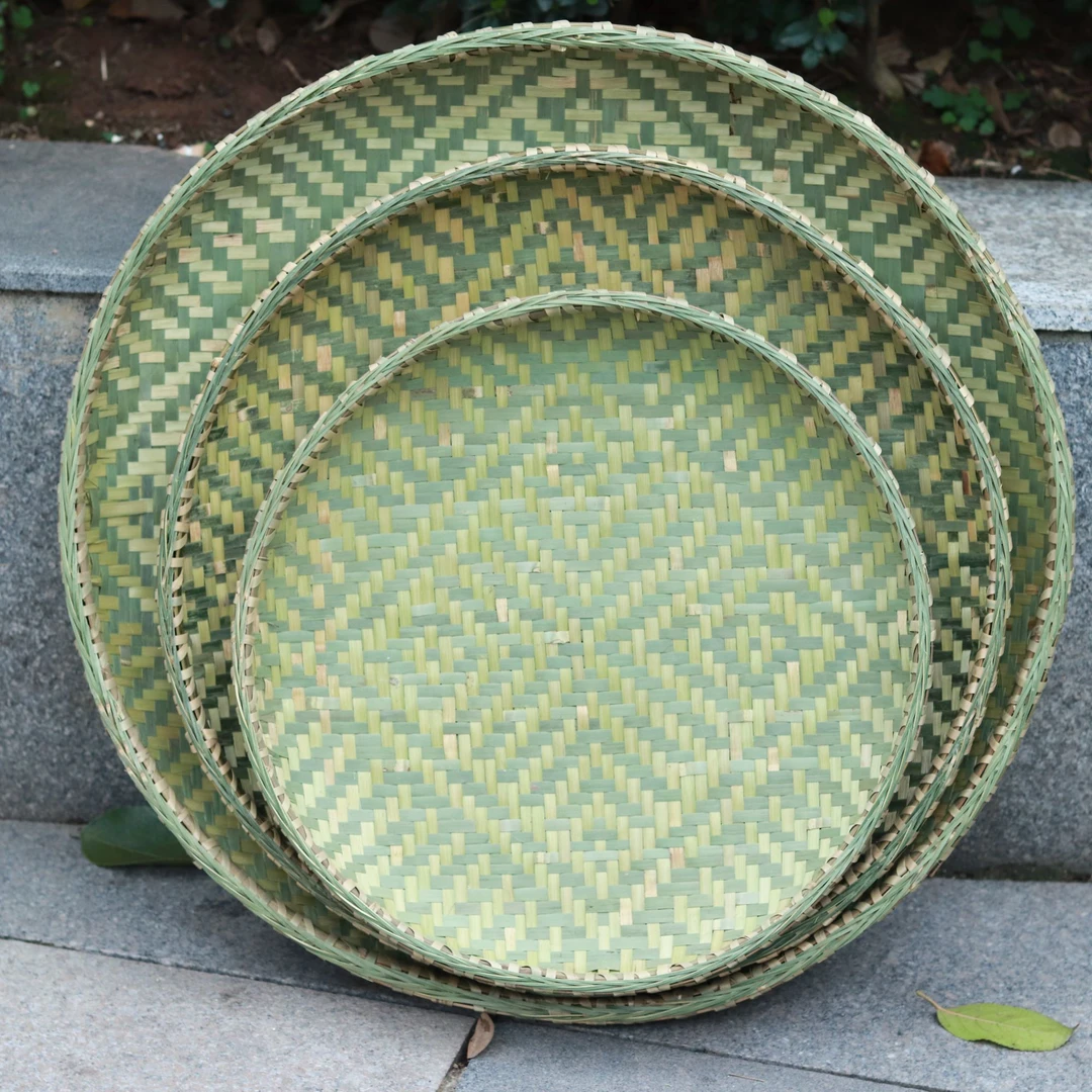 川渝竹编花纹精品小篮盘纯手工编织圆形锁底靑篾锁边晾晒用簸箕