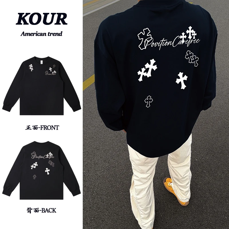 美式高街复古英文十字架印花上衣重磅纯棉宽松潮流百搭长袖T恤