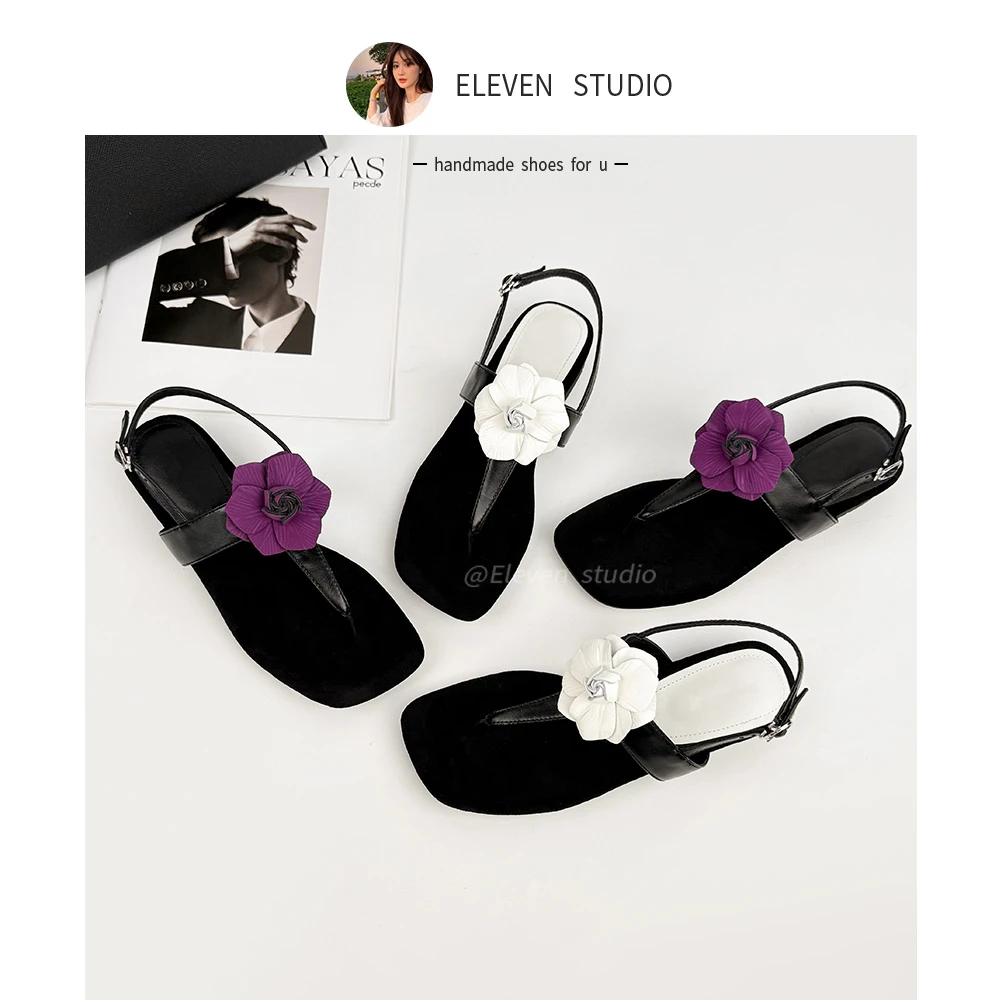 【王11】羊皮版~仙女风夹趾凉鞋小众山茶花设计 2CM|4.5CM/茶花