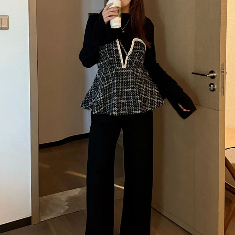 2025秋新款设计感小香风假两件上衣休闲裤两件套洋气显瘦套装女