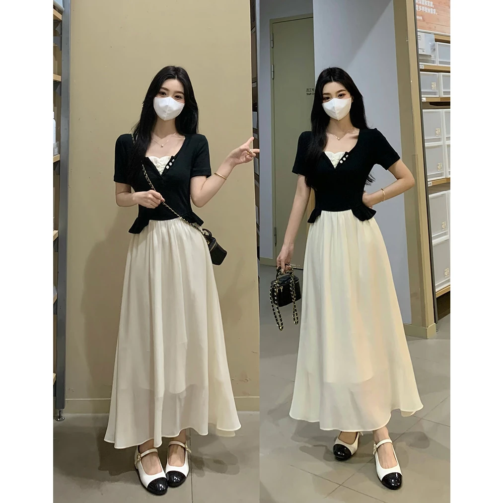 3858#2025夏季新款大码连衣裙设计感拼接假两件气质收腰长裙