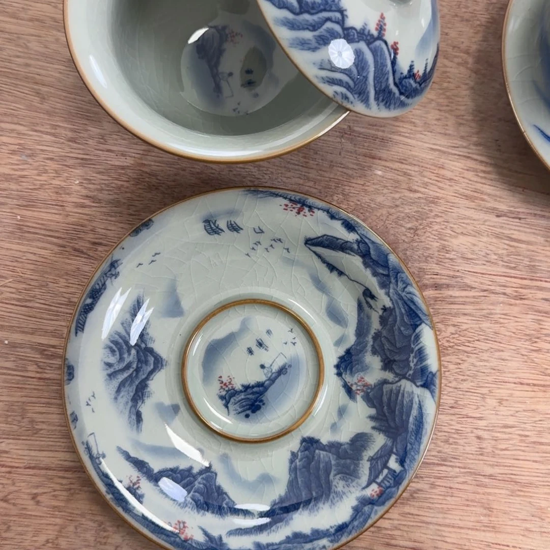 青花山水元宝盖碗老陶泥