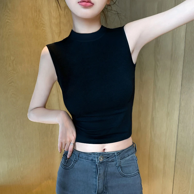 黑色吊带背心女内搭春夏季外穿打底半高领无袖T恤洋气纯欲性感