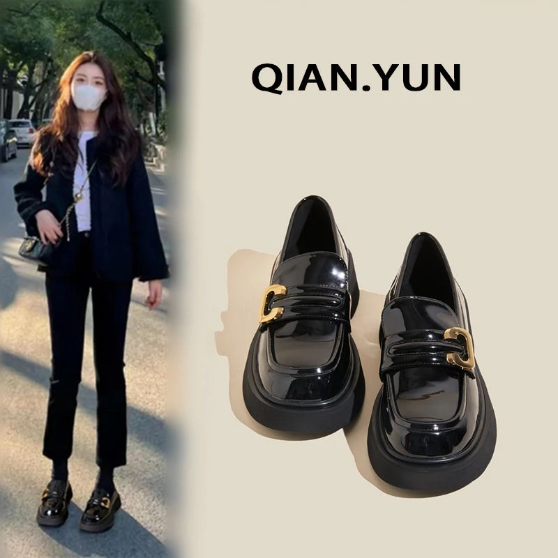 小皮鞋女英伦风单鞋2023新款春秋季爆款复古厚底乐福鞋黑色A17