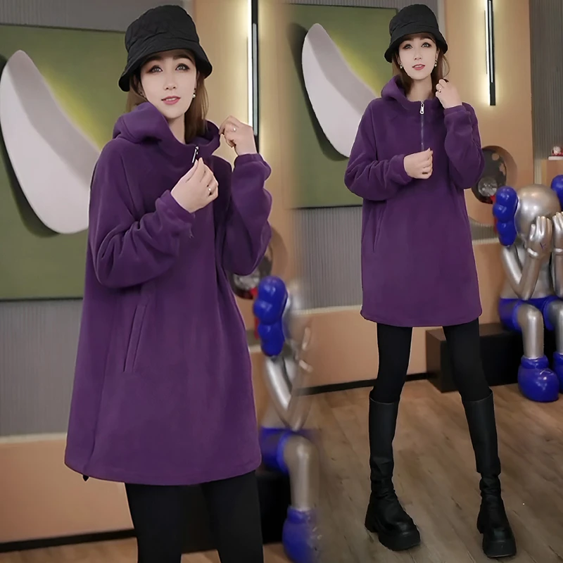 韩版纯色半开衫加厚连帽卫衣2025冬季新款时尚简约百搭中长款上衣