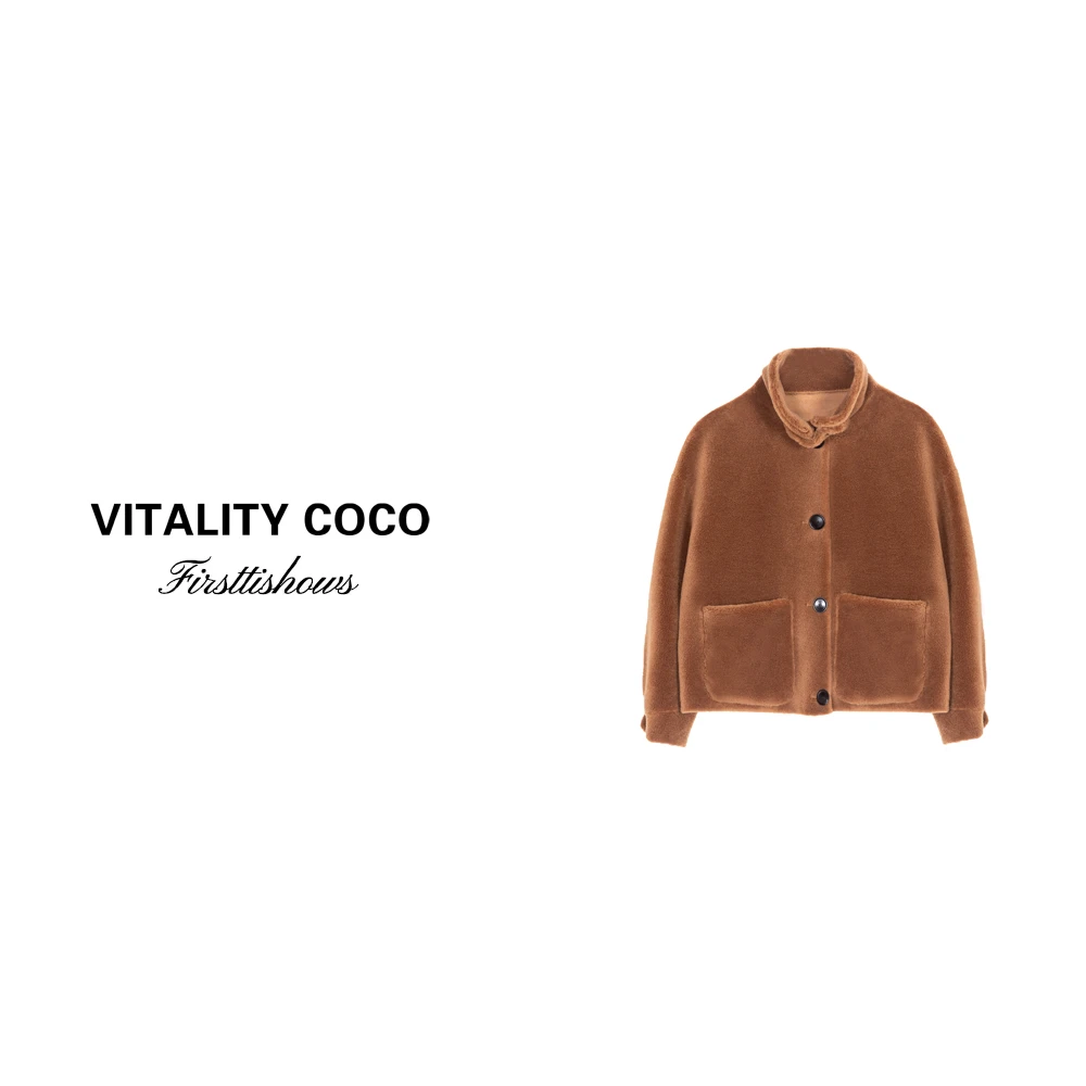 「VITALITY COCO」羊毛复古皮毛一体单排扣立领保暖厚外套-1016