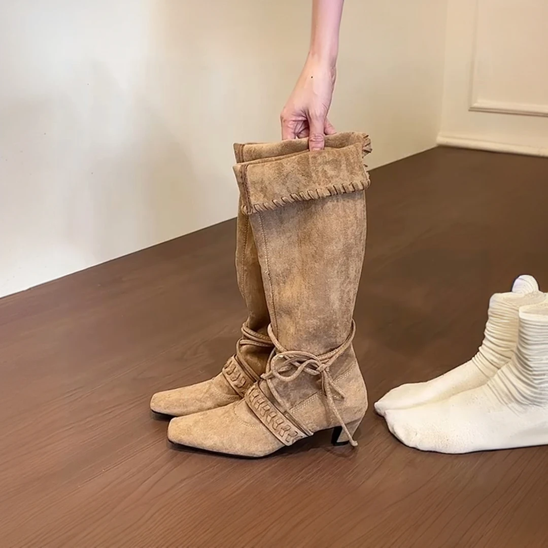 羊皮版~废土小众设计感高跟骑士靴女方头绑带折翻褶皱堆堆西部靴