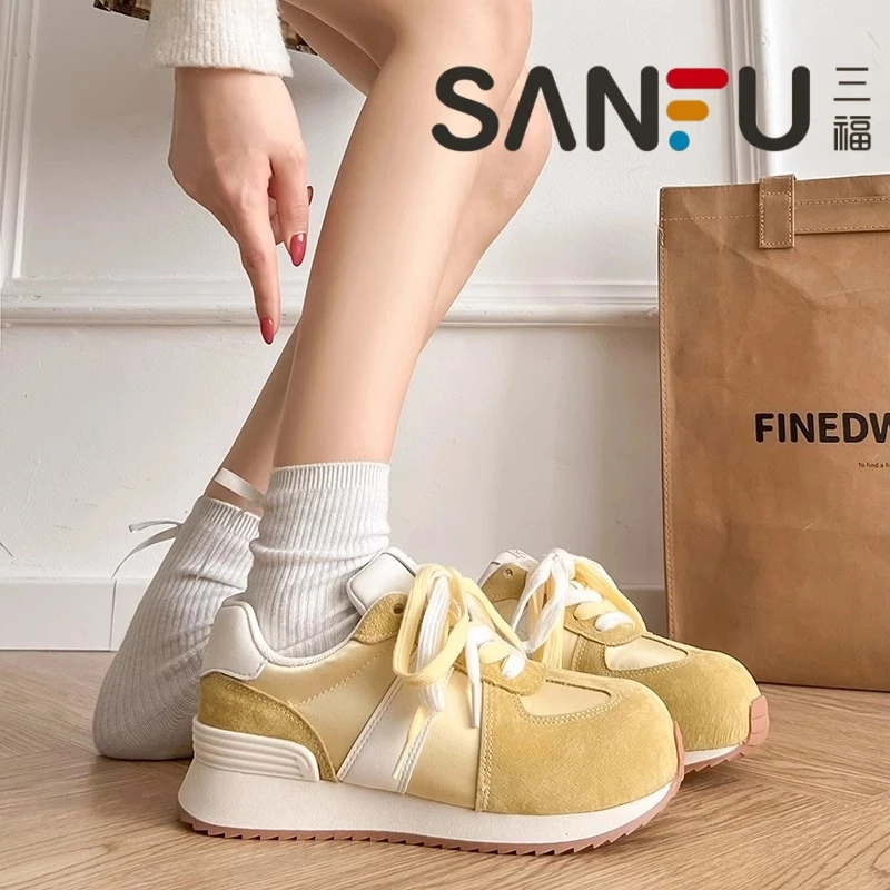 三福德训鞋女2025新款春秋运动休闲百搭厚底轻便圆头老爹阿甘鞋女