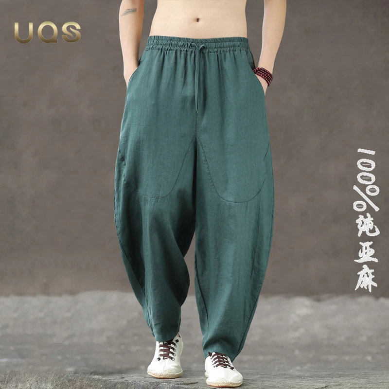 纯亚麻夏季薄款男士弯刀哈伦裤中式休闲透气亲肤百搭大码纯色经典