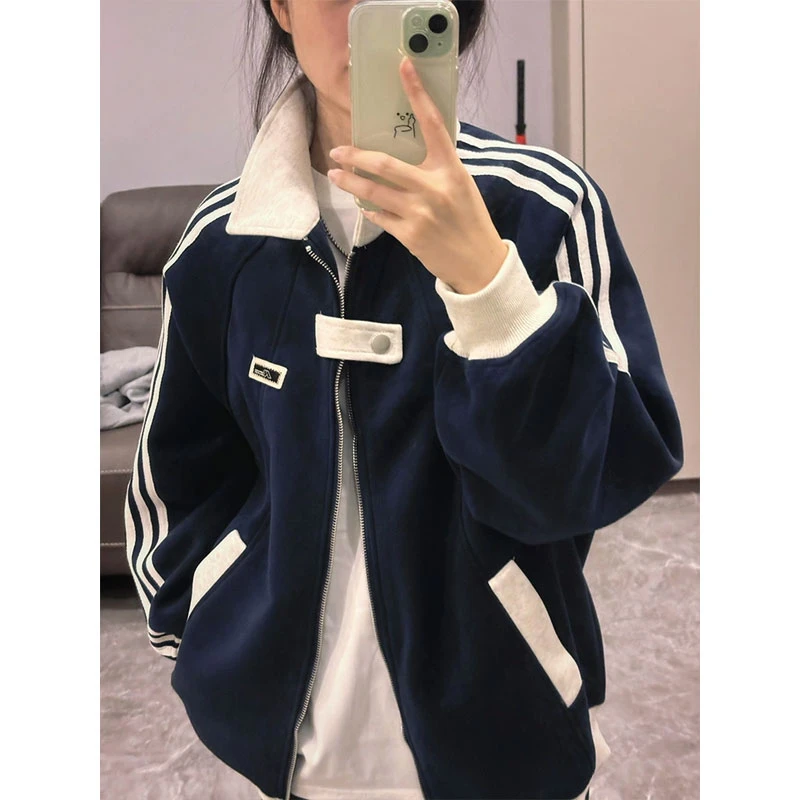 美式三条杠拼接翻领夹克男款春秋设计感学院风运动情侣棒球服外套