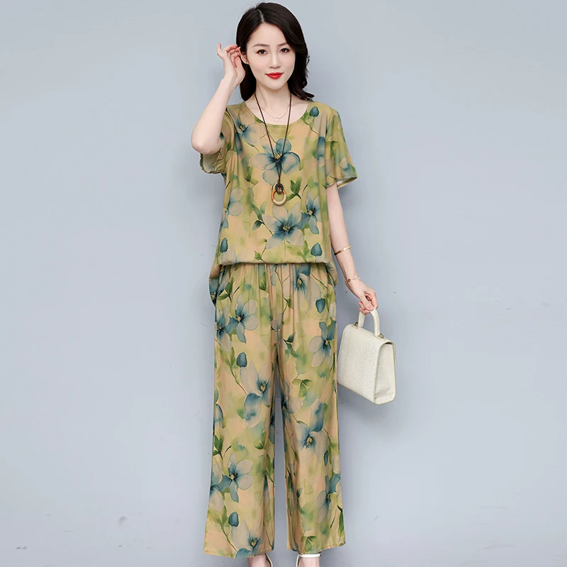 中老年妈妈装棉绸套装女夏季新款休闲短袖碎花家居服两件套人造棉