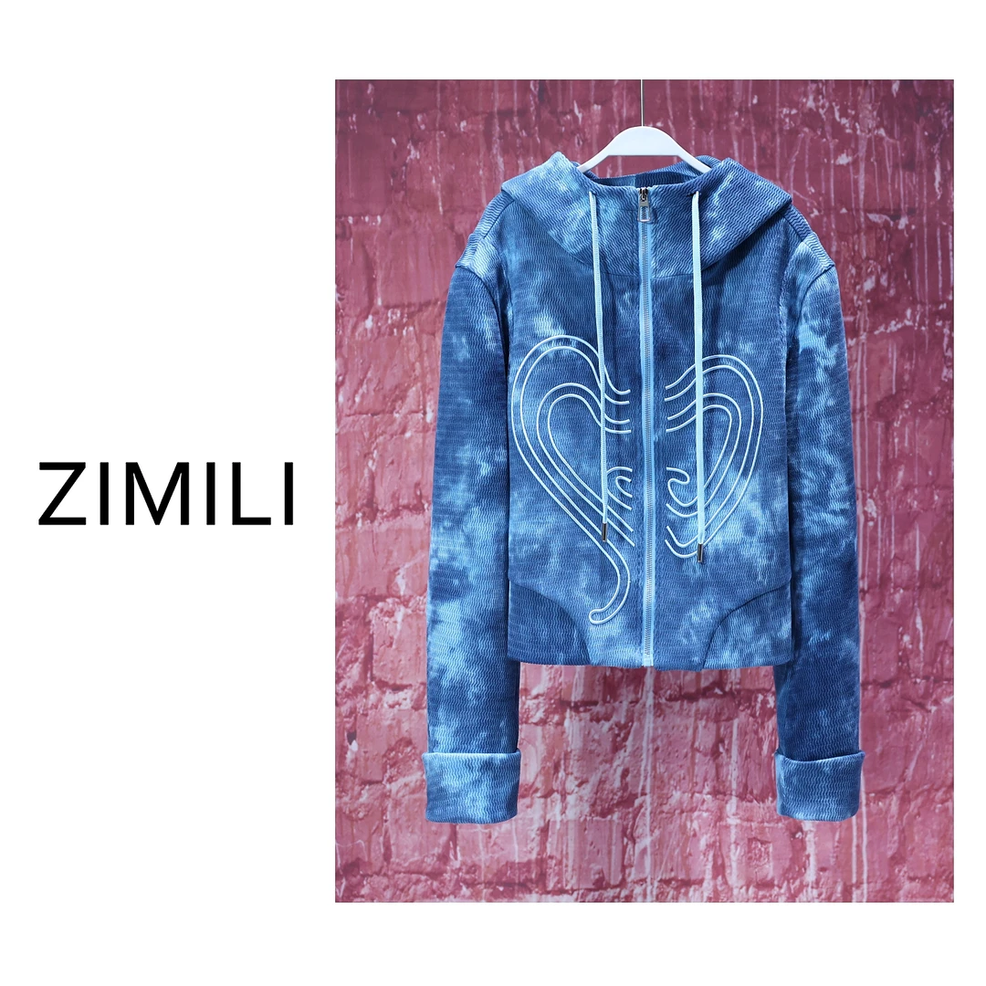 【LIANG哥女装】2025春欧货设计师款苍蓝混染连帽刺绣欧版外套5989