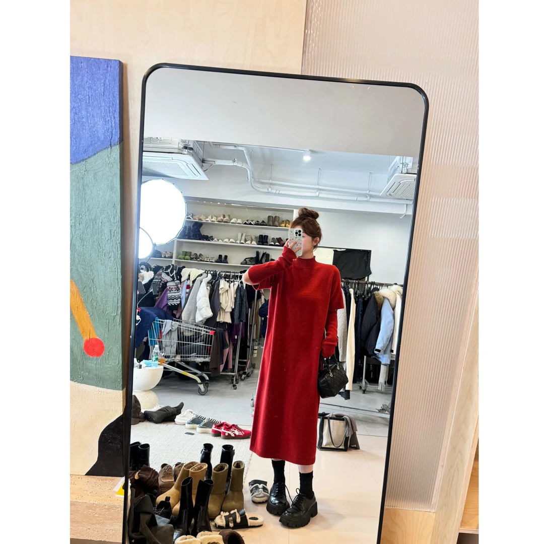 晶咕【莫妮卡！】纯色半高领卷边搭可拆卸袖套针织连衣裙