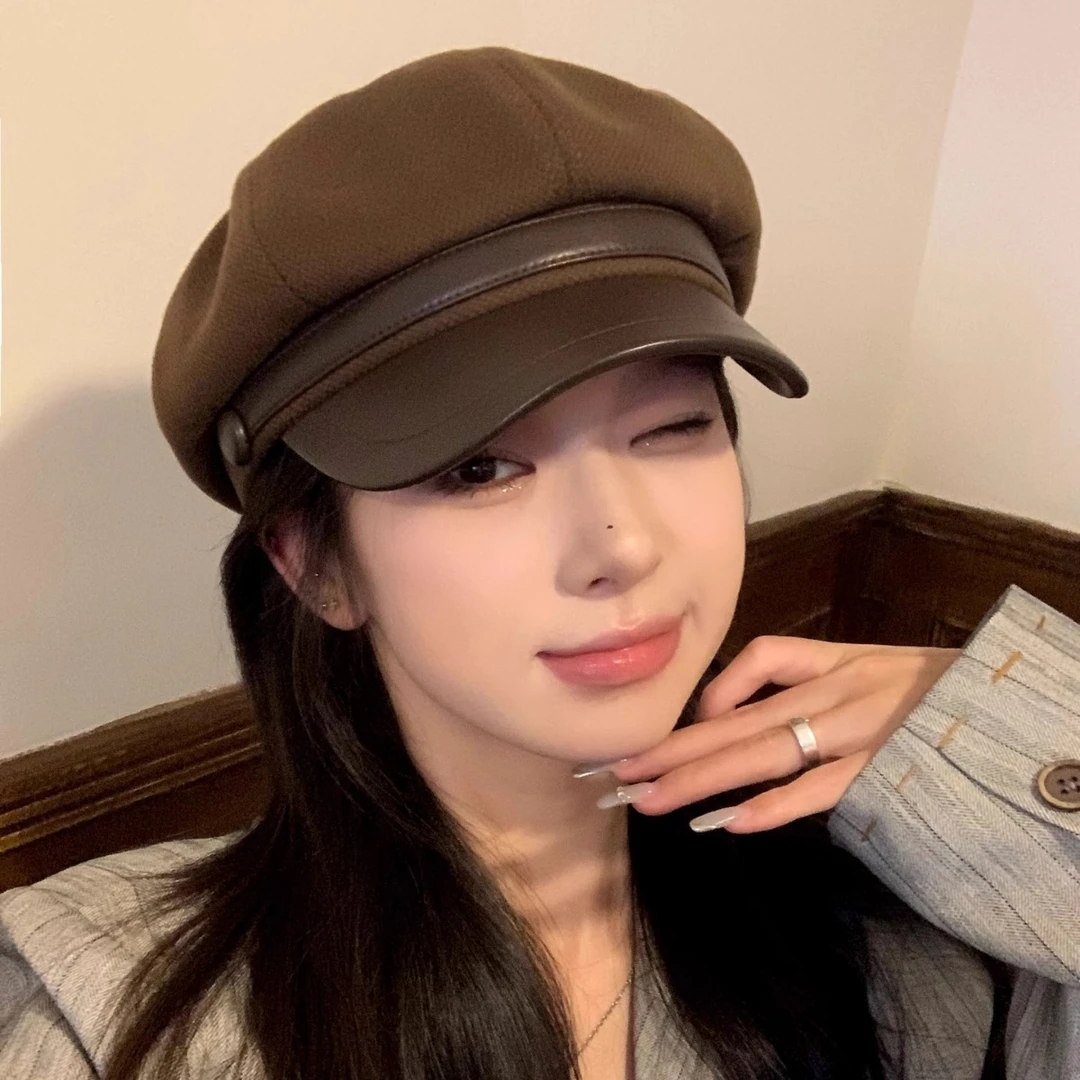 日系复古拼接毛呢八角帽子女韩版网红秋冬气质百搭画家上班贝雷帽
