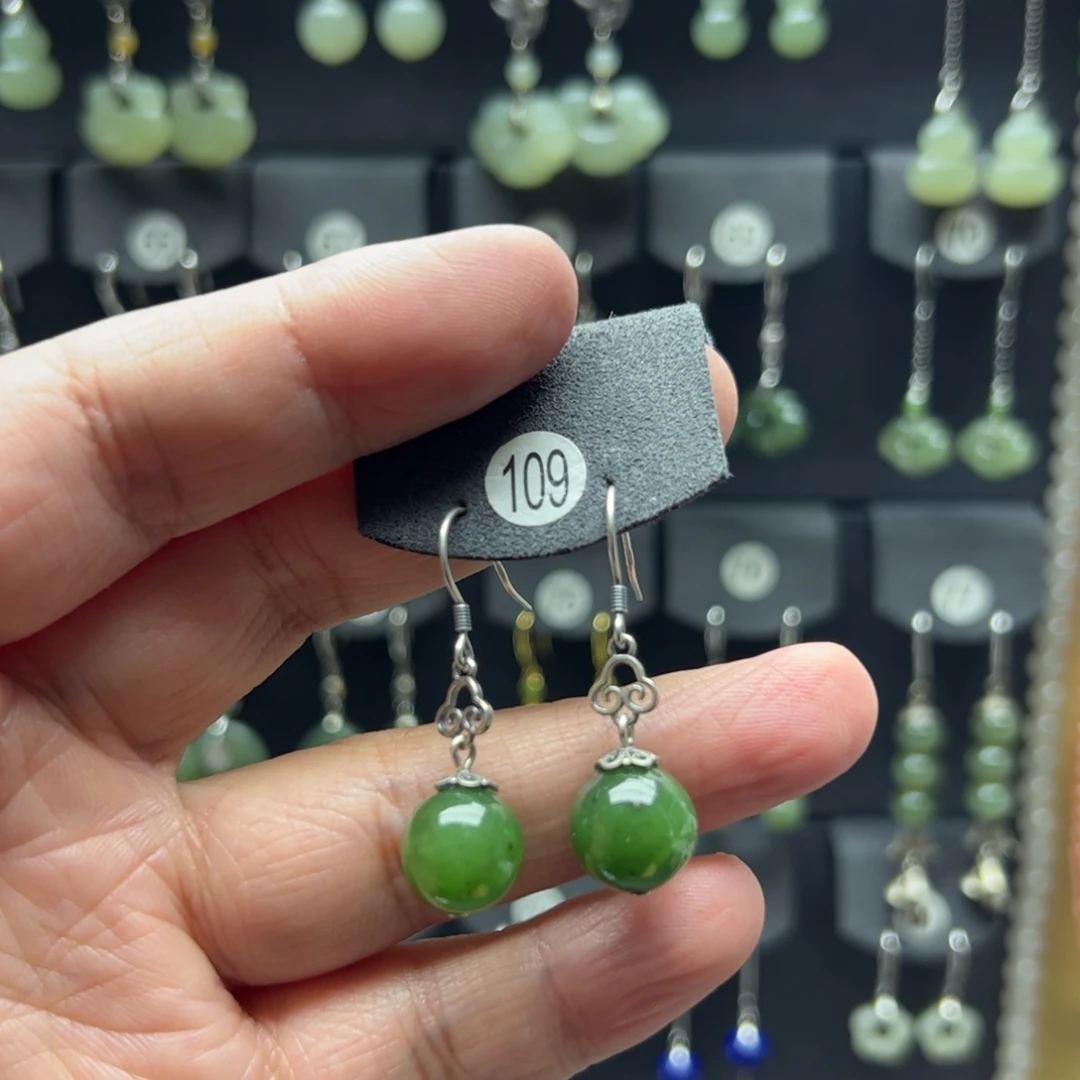 和田玉（碧玉）银S925镶嵌耳饰