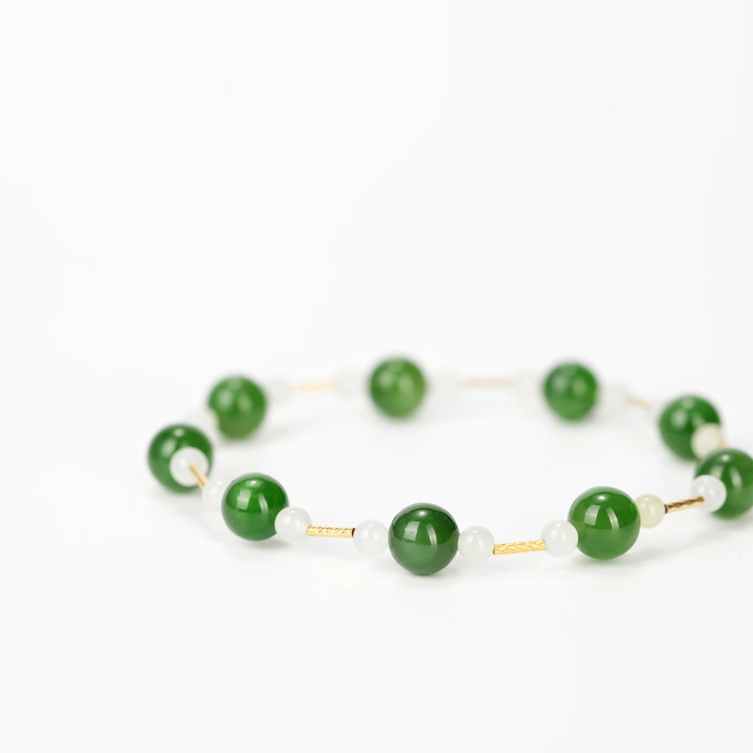 和田碧玉微猫定制手链 18K金 8mm± H19312