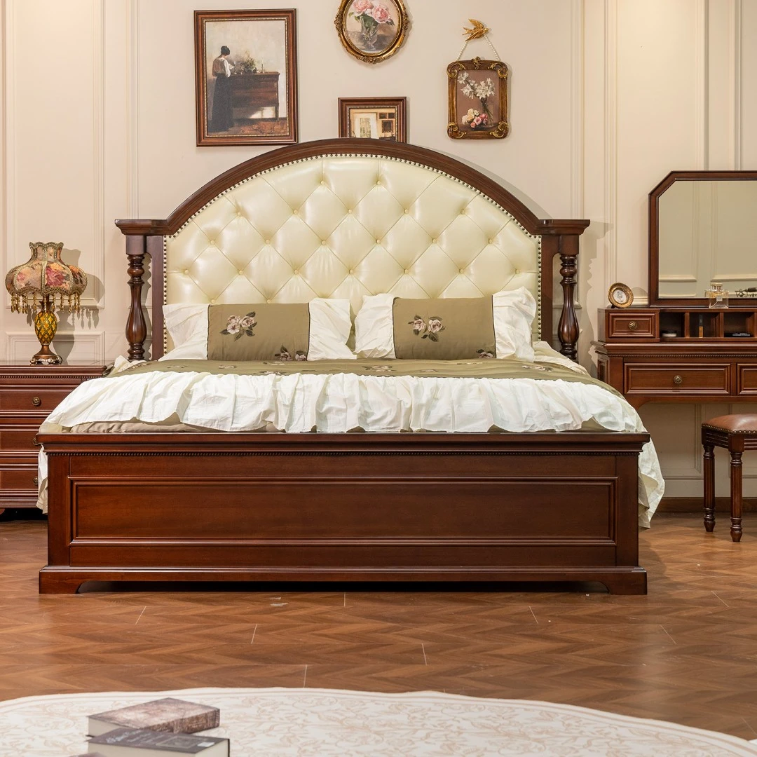 庄顿美式简约复古全实木床头层牛皮金丝黄檀主卧成套1.8m双人大床
