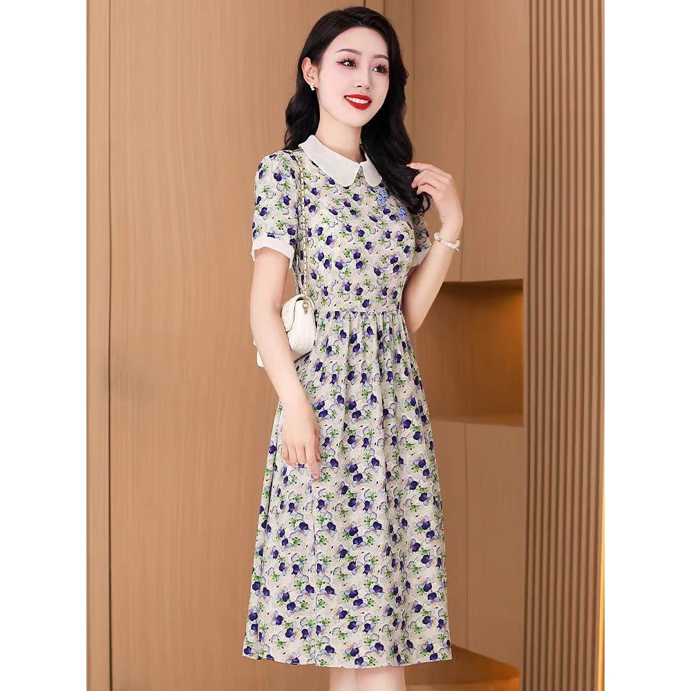 6950#复古文艺夏季新品v领五分袖宽松长裙粉色碎花连衣裙