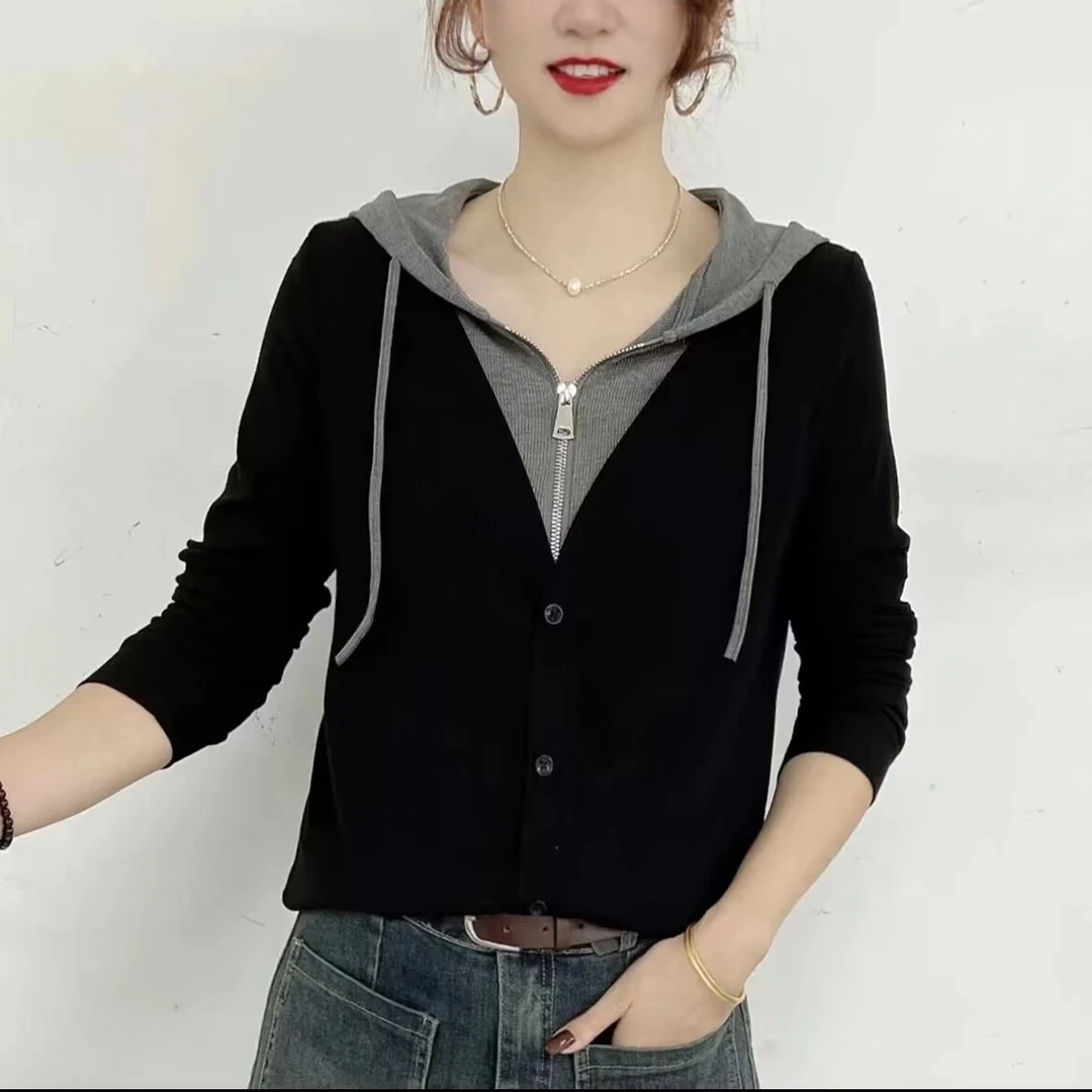 春秋装假两件连帽卫衣女2025休闲长袖T恤减龄时尚洋气t恤显瘦上衣
