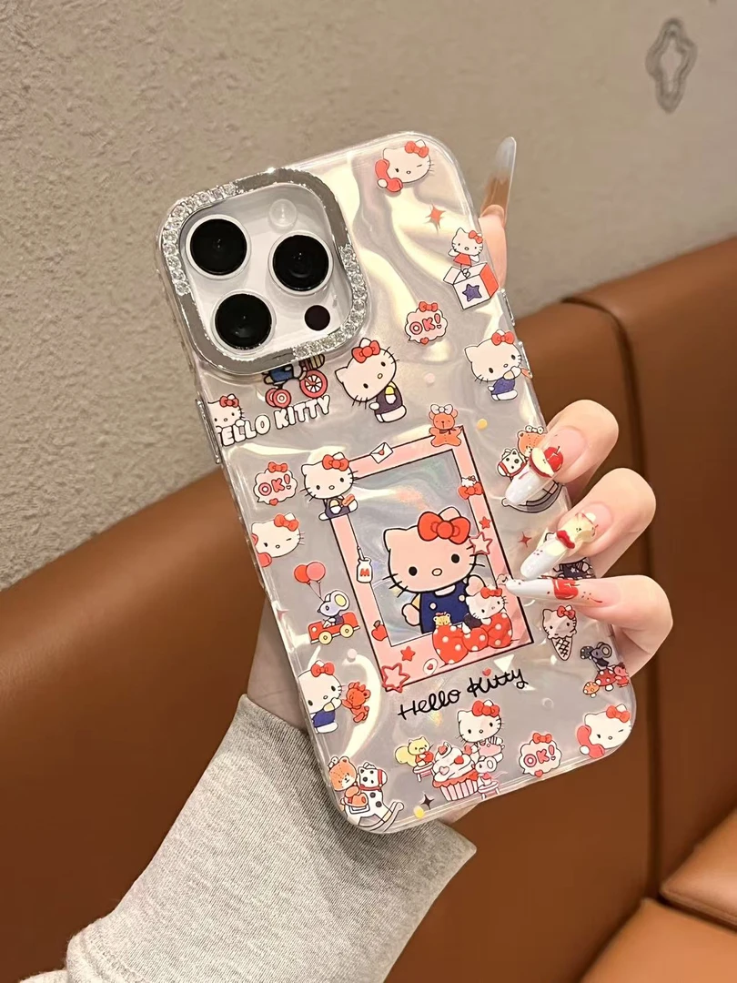 INS风可爱KT绸缎纹IMD适用苹果16/15/14/13防摔手机壳