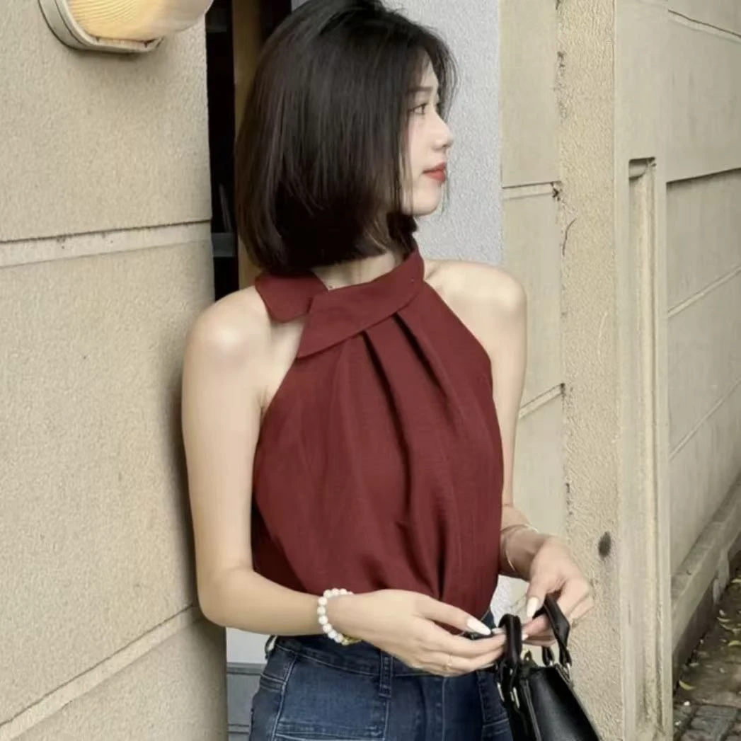 【店铺热销】性感无袖挂脖露肩背心衬衫女夏季新款超仙小清新爆