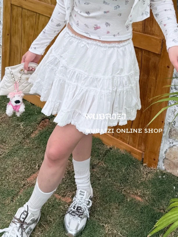 WUBAIZI 甜美芭蕾风白色蕾丝拼接蓬蓬裙a字半身裙女 2