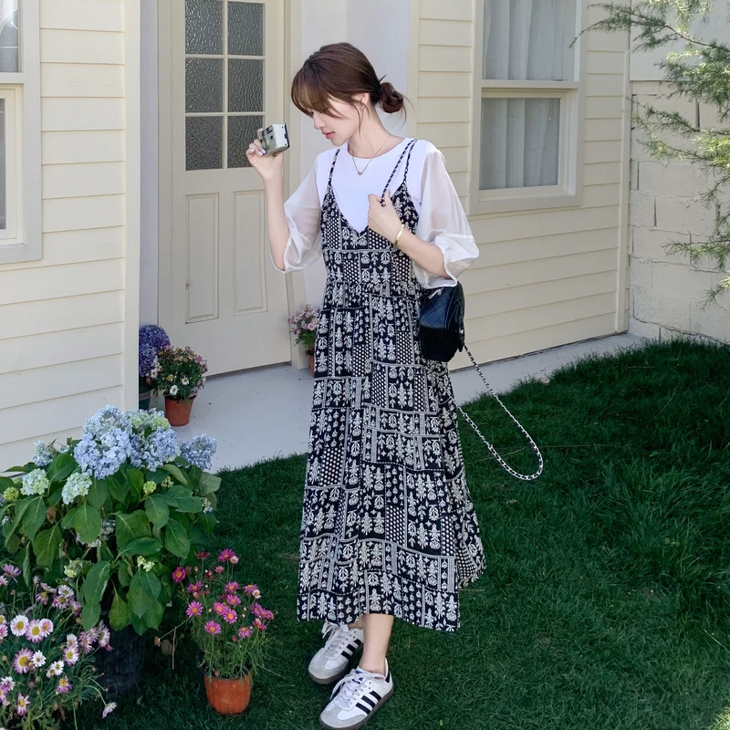 法式轻熟风气质印花连衣裙套装女2025年夏季新款吊带裙T恤两件套