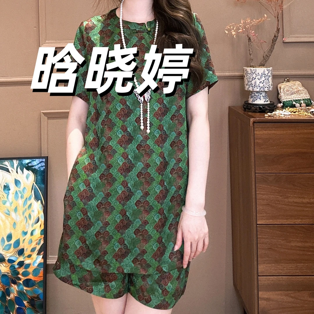 晗欣 【绿如意】套装-右襟原创时尚元素新中式上衣短裤两件套T510