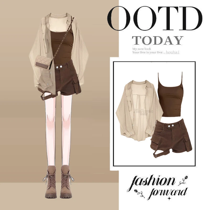 夏季穿搭一整套女2025新款防晒衬衫背心设计感高腰显瘦短裤三件套