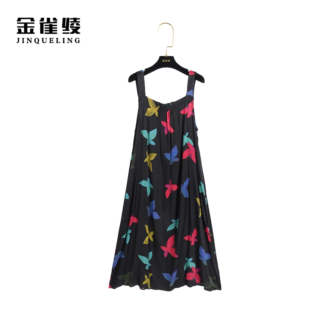 金雀绫【蝶舞浅夏】新款桑蚕丝气质时尚吊带女装连衣裙AL6002