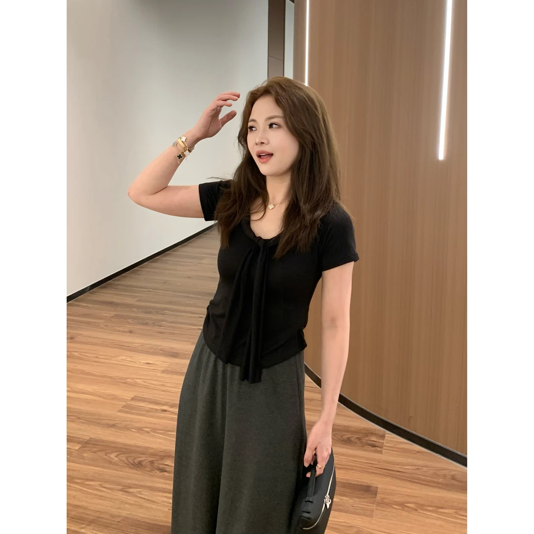 【折扣】YO定制简约薄款兰精天丝系带短袖T恤设计感显瘦短款上衣