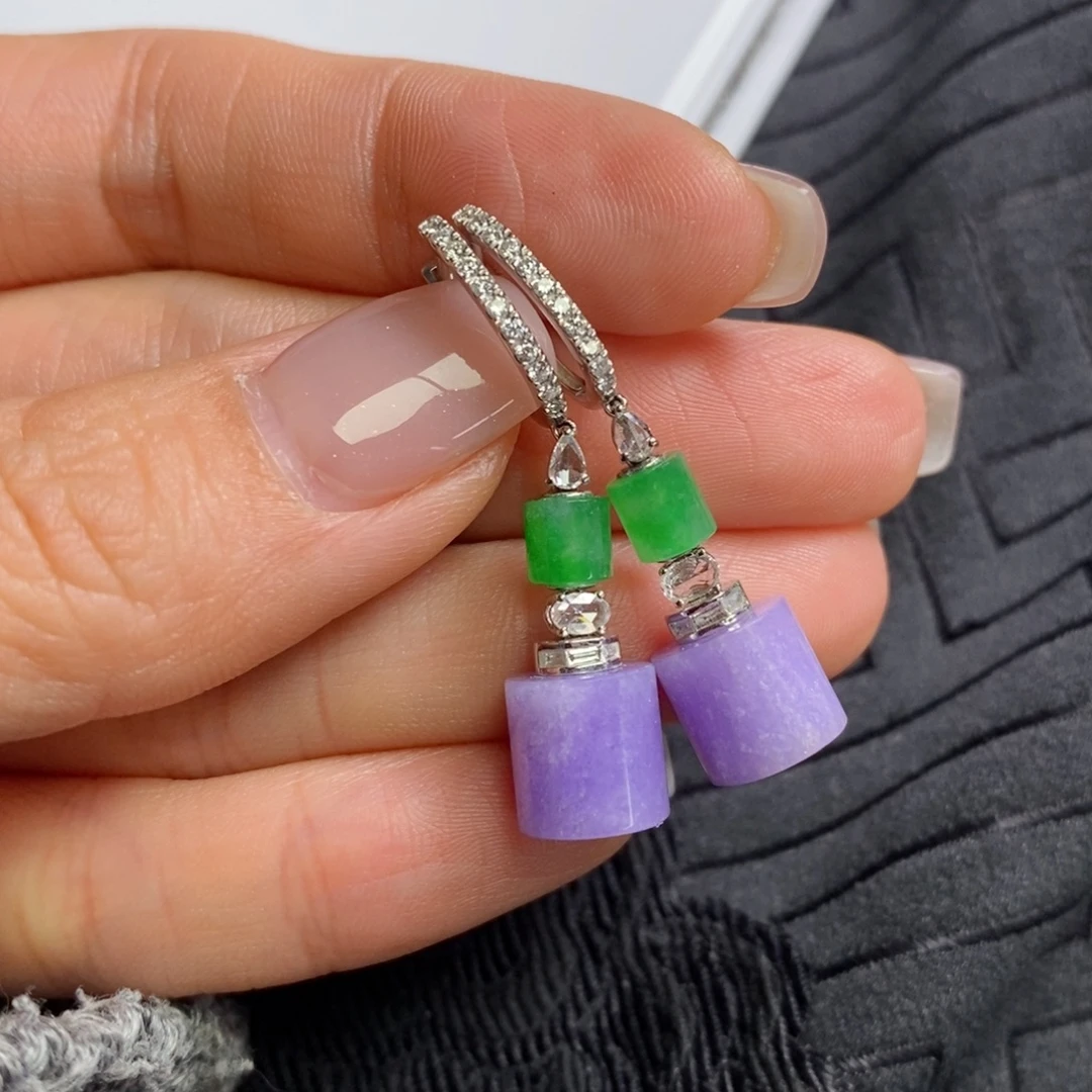 翡翠18K金镶嵌耳饰紫罗兰桶珠