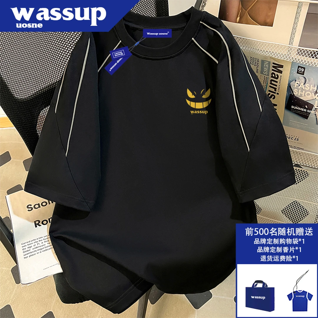 美式高街反光线条重磅纯棉短袖t恤男夏季新款休闲宽松百搭上衣服