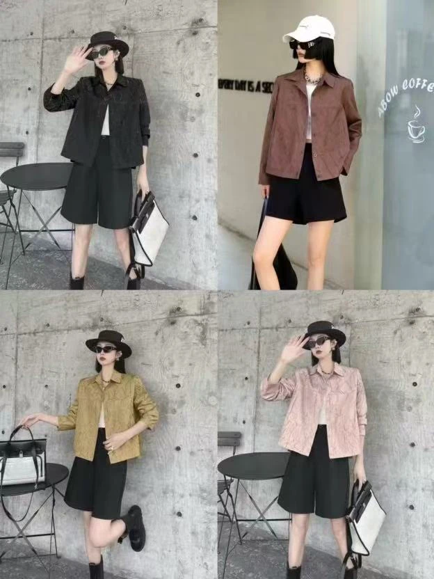 #8830 春季翻领提花女短外套休闲上衣时尚百搭纽扣衬衫外套