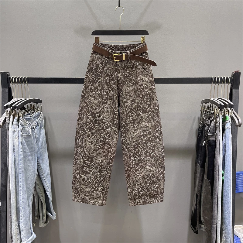 2025秋季新款高腰宽松休闲阔腿弯刀裤香蕉裤美式复古提花牛仔裤女