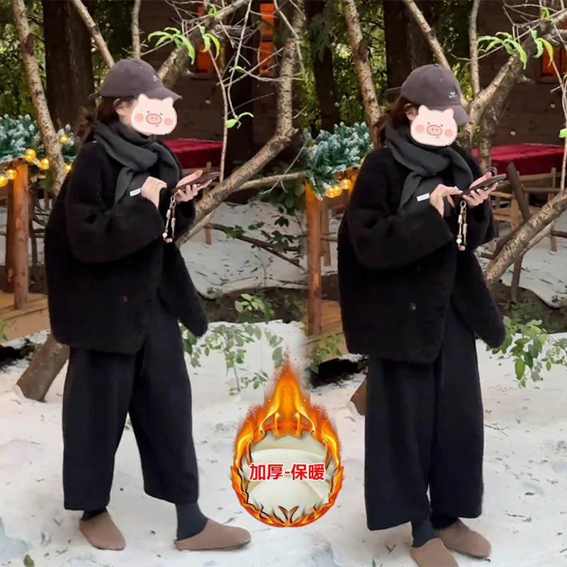 2025年冬季新款穿搭一整套时尚百搭外套搭配显瘦加绒休闲裤两件套