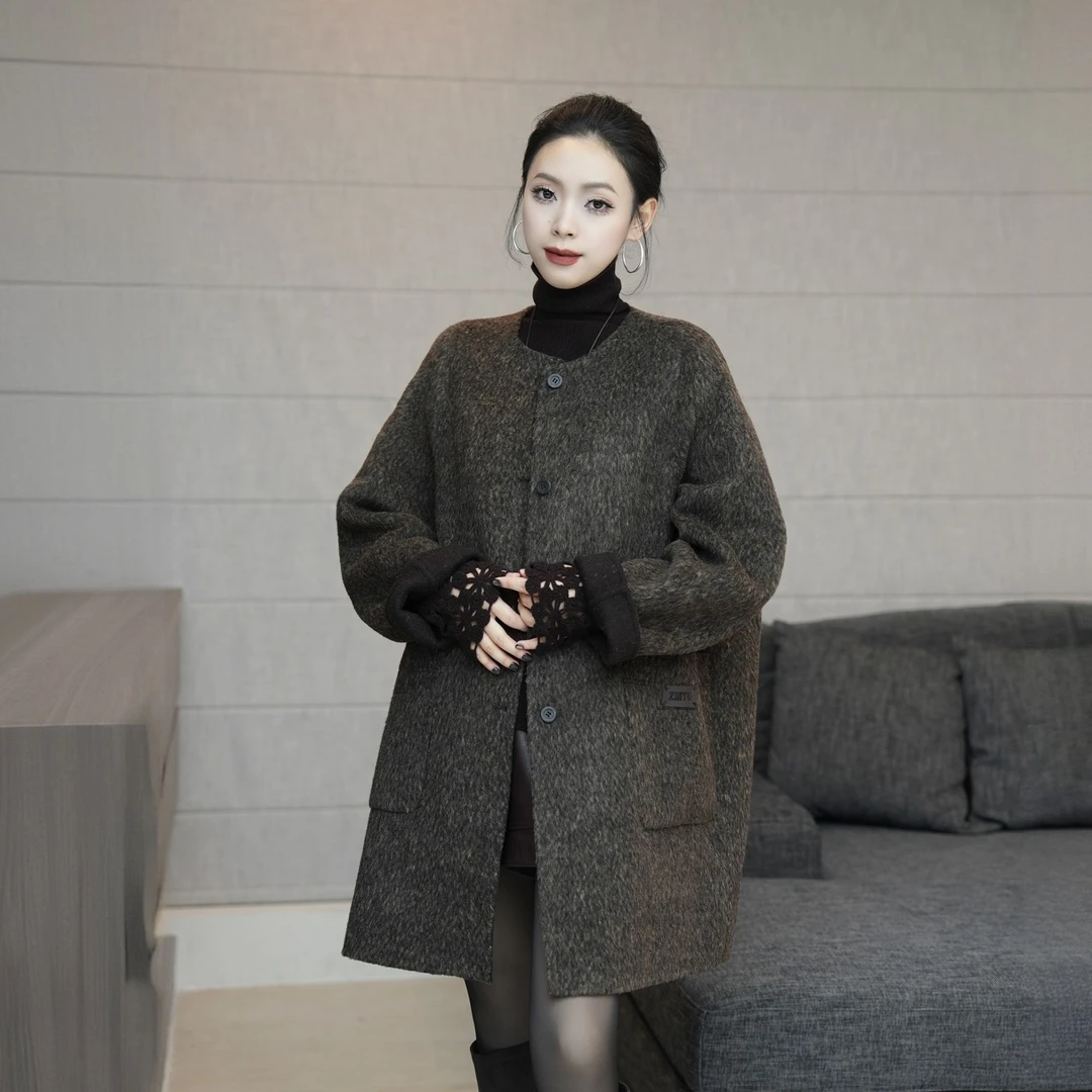 POPULARYW【云隐烟绡】Z·R上品屋 时髦圆领单排扣中长款大衣外套