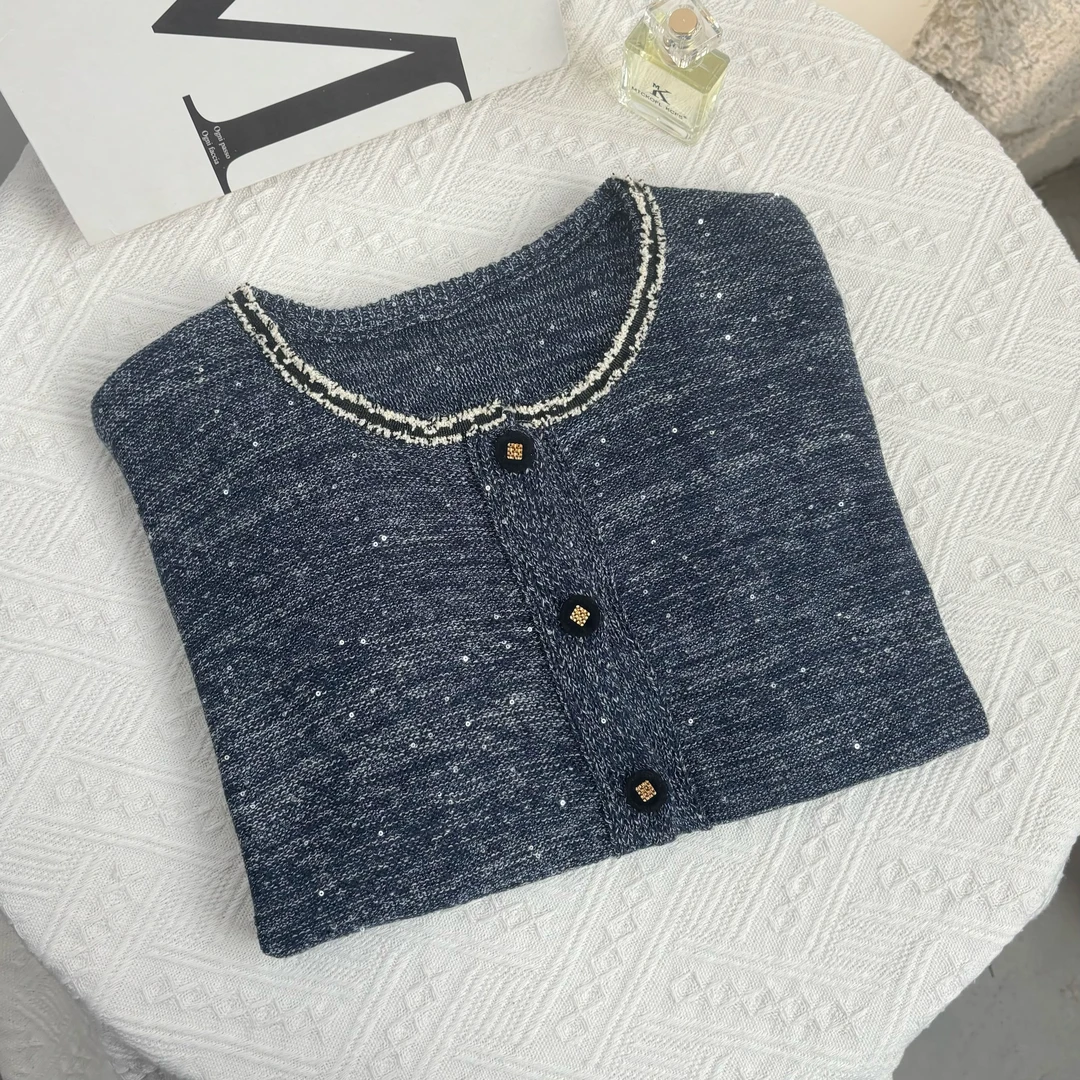 玲姐定制-墨蓝小香风亮片新款女装针织开衫270028