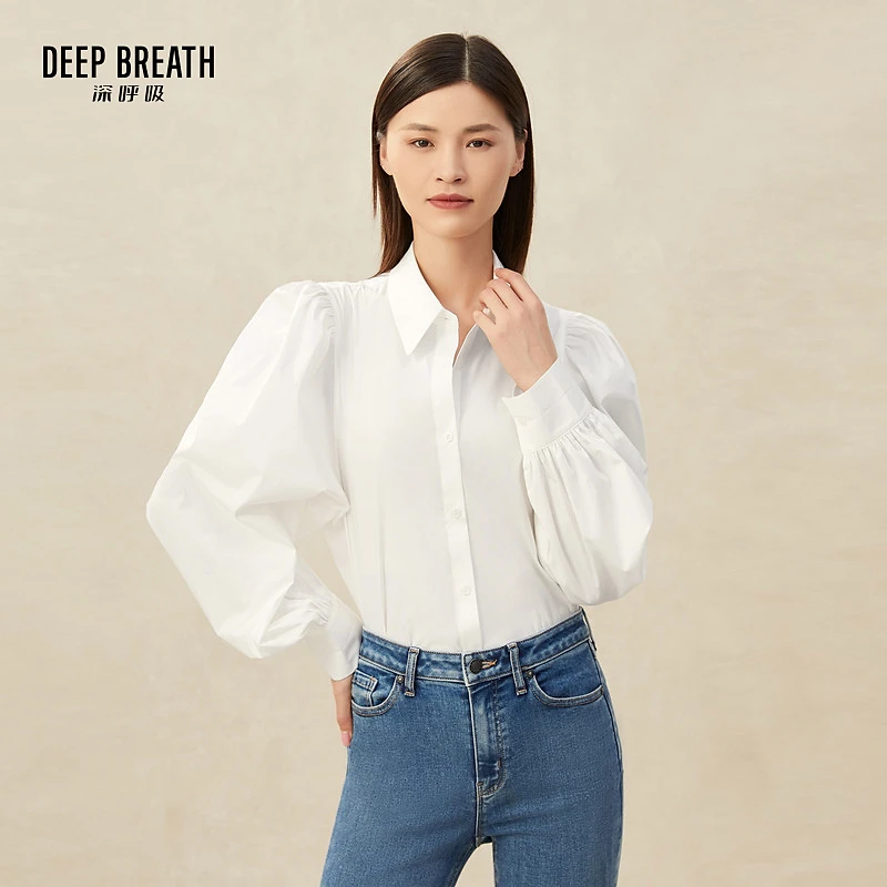 DEEP BREATH深呼吸新款时尚直筒纯色翻领泡泡袖长袖衬衫女A301060