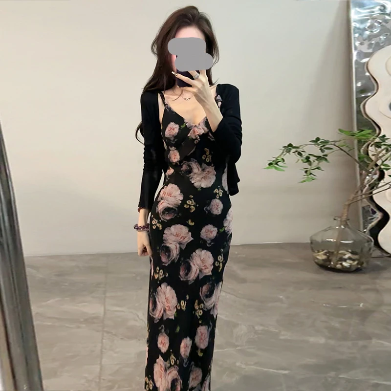 夏季茶系穿搭一整套温柔风法式绝美时尚开衫碎花吊带连衣裙子女